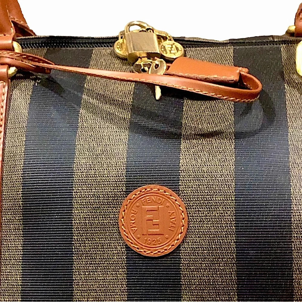 WFENDI Pequin Pecan Stripe Bandolier Boston Travel Bag 50cm FENDI Shoulder Strap - Picture 3 of 17